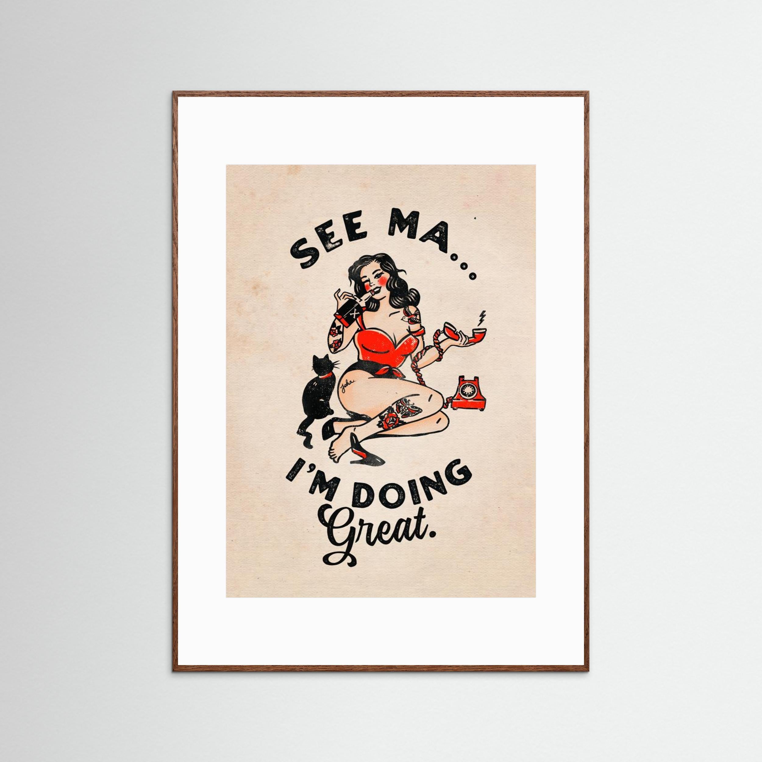 See Ma Poster Funny Vintage Pinup Girl & Cat by The Whiskey Ginger